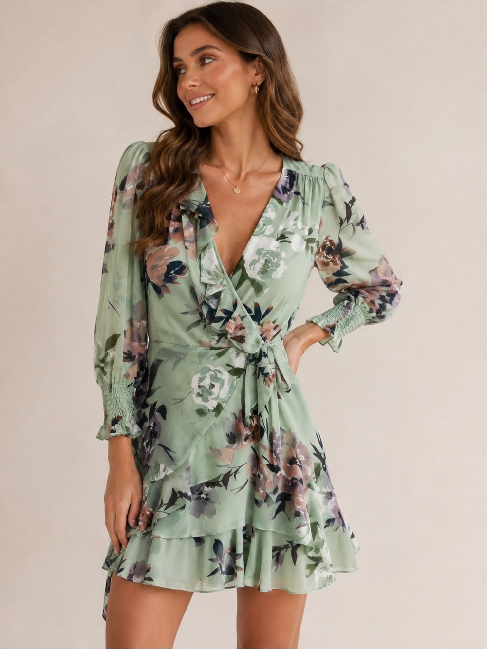 Taylor Sage Green Floral Wrap Mini Dress